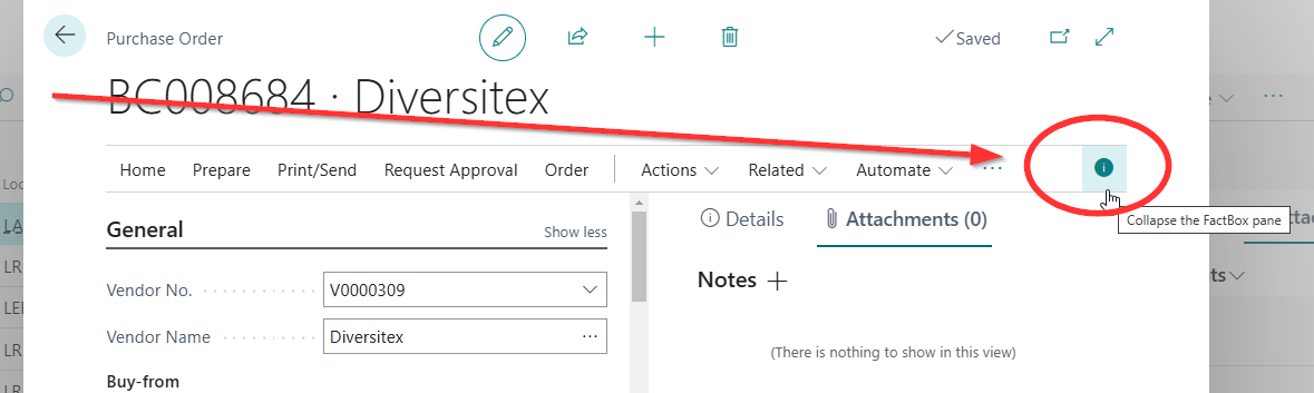 Screenshot from BC showing a Purchase Order with a red circle around the factbox pane symbol that expands/colllapses the FactBox pane.