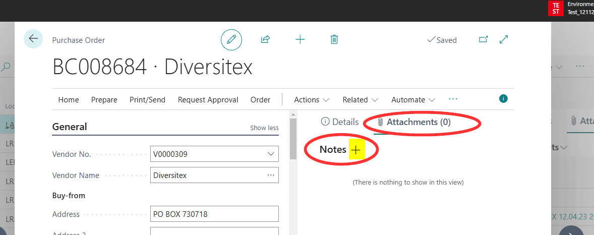 Screenshot from BC of the factbox pane with the Attachments tab selected and the Notes section circled in red.