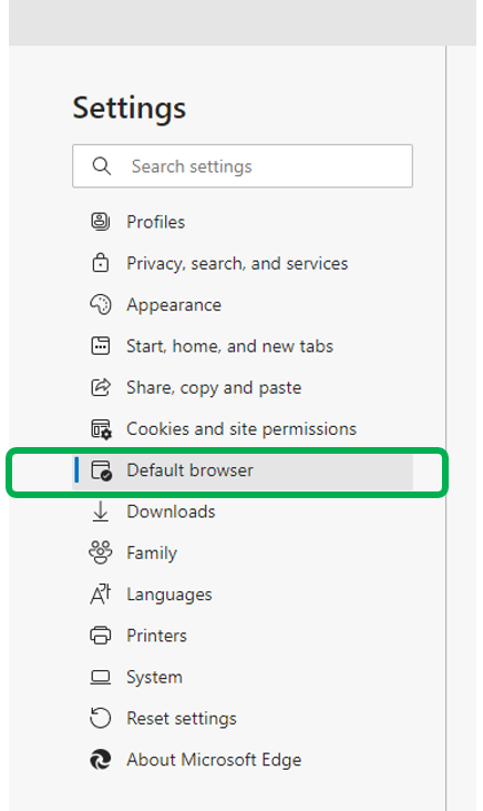A screenshot of Microsoft Edge's Settings menu. The "Default Browser" section is outlined in green.