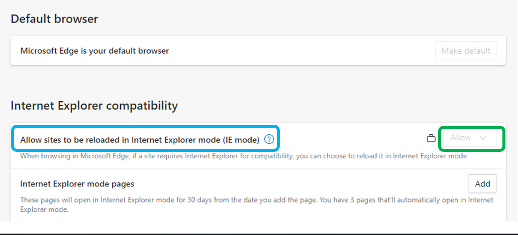 A screenshot of the Internet Explorer Compatibility section (outlined in blue) under "Default Browser". The "Allow" drop-down is outlined in green.