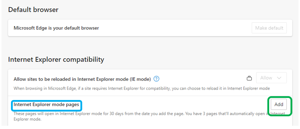 A screenshot of the "Internet Explorer mode pages" section under "Internet Explorer compatibility" section. The "Add" button is outlined in green.