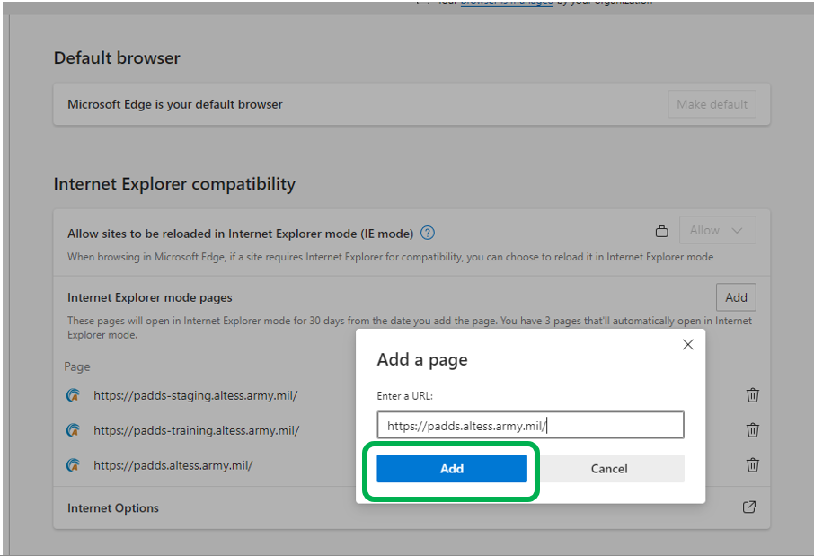A screenshot of the "Add a page" window. The PADDS URl has been entered.