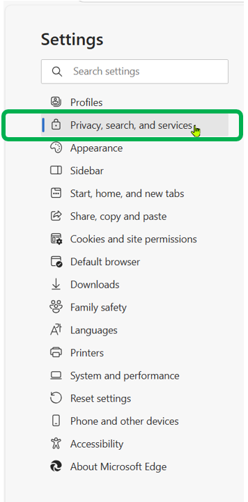 A screenshot of Microsoft Edge's Settings menu. The "Privacy, search, and services" menu is outlined in green.