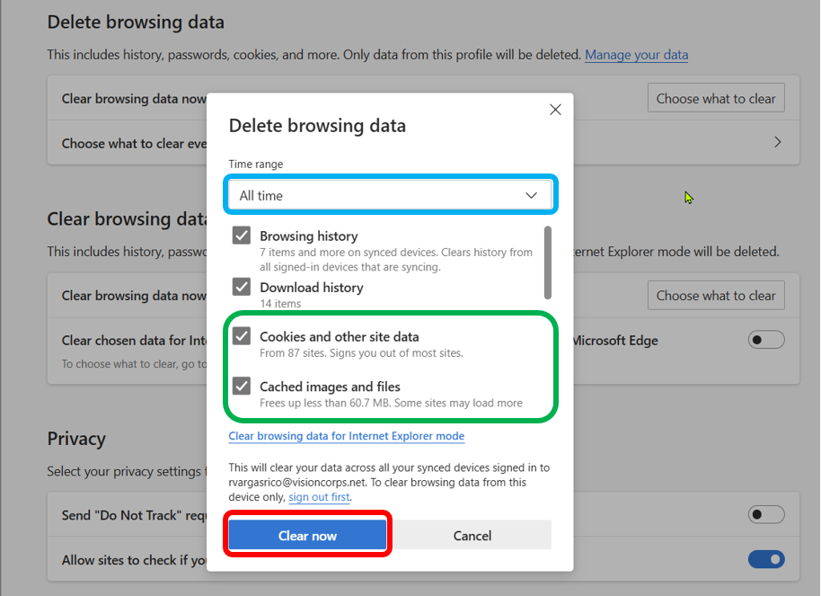 A screenshot of the "Deleting browsing data" window has a time range drop-down (outlined in blue), options to delete Browsing history, Download history, Cookies and other site data, and Cached images and files (outlined in green). The "Clear now" button is outlined in red.