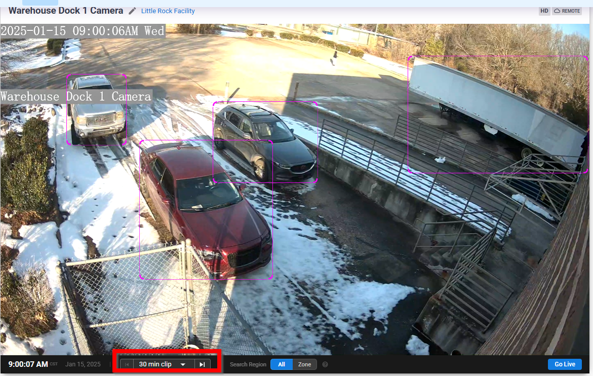 Screenshot of Spot AI where the clip duration is outlined in red.