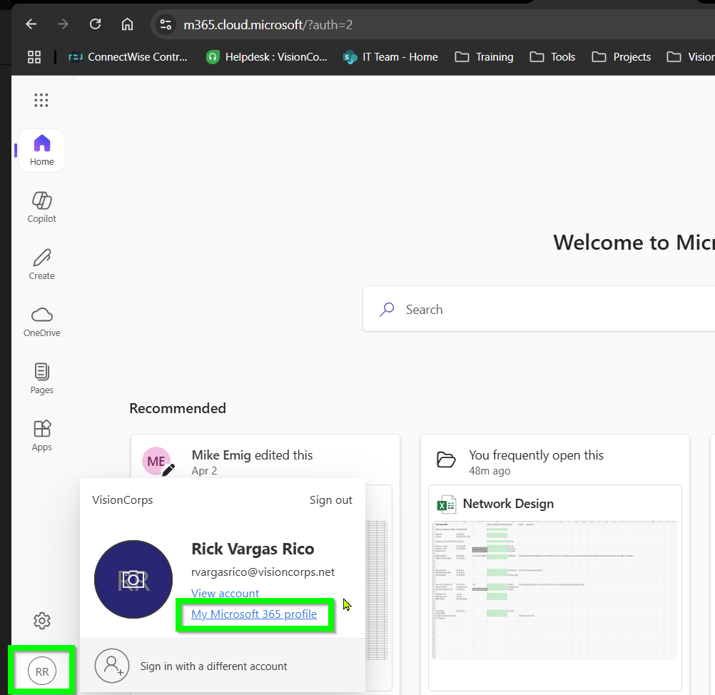 A screenshot with the "Account manager" and "My Microsoft  365 profile" buttons outlined in green.