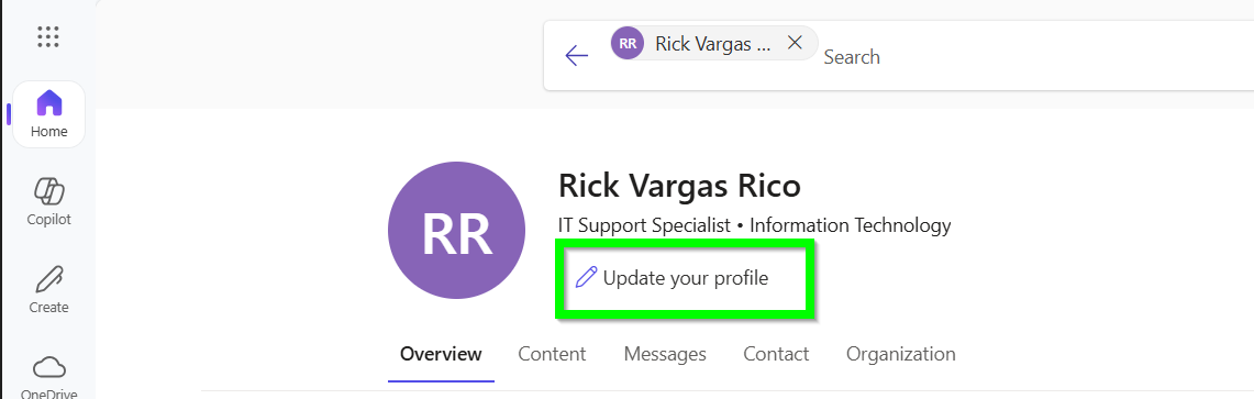 A screenshot with the "Update your profile" button outlined in green on Office.com.