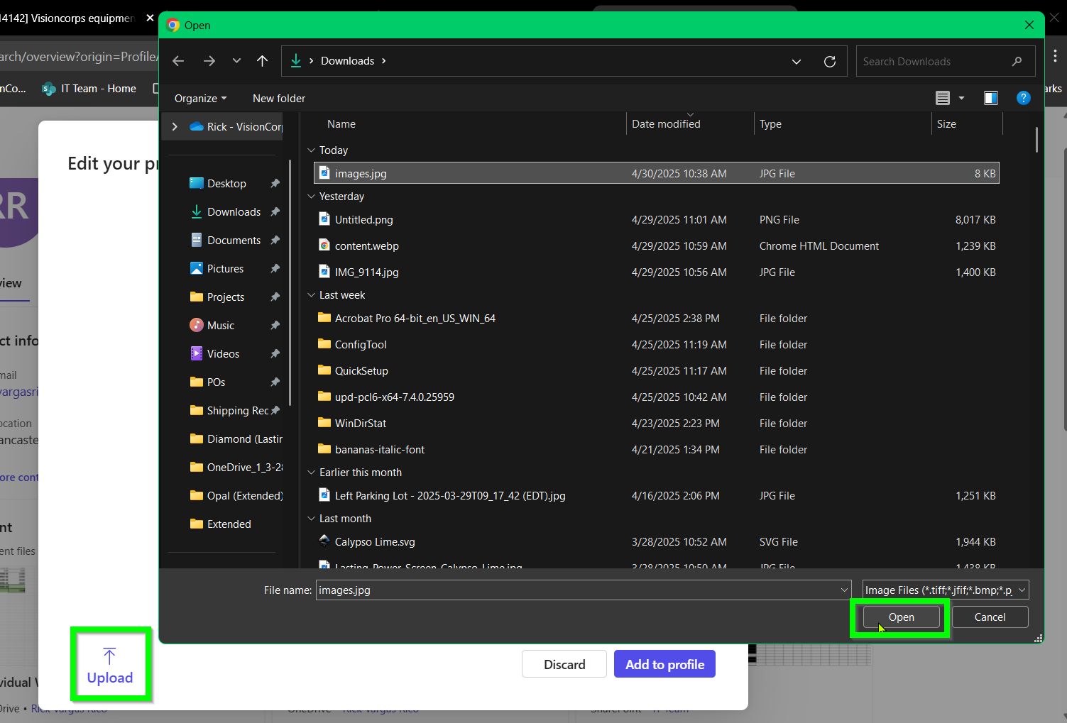 A screenshot with the "Upload image" and "Open" buttons outlined in green.