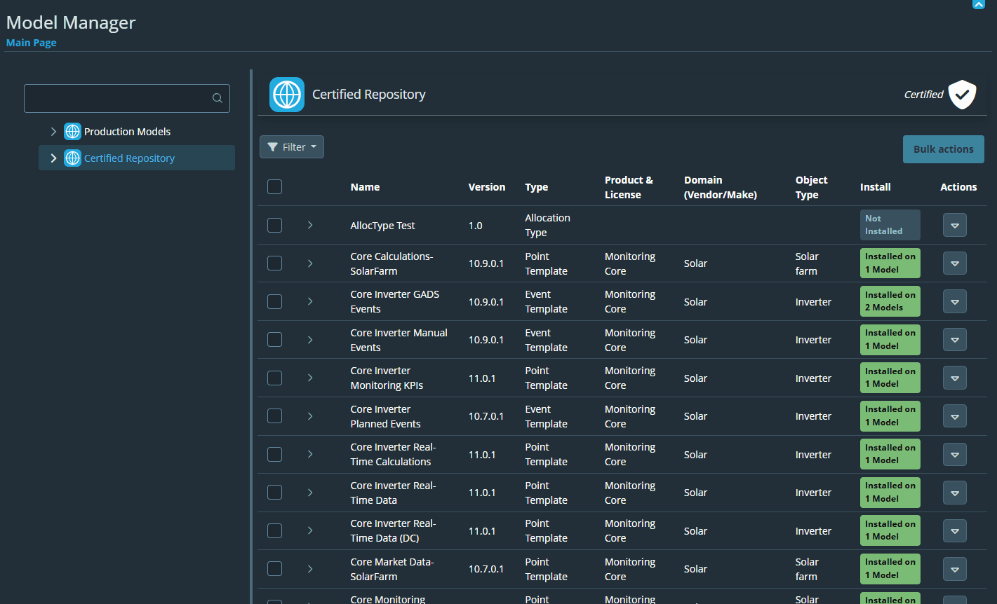 Viewing installed templates on a production model