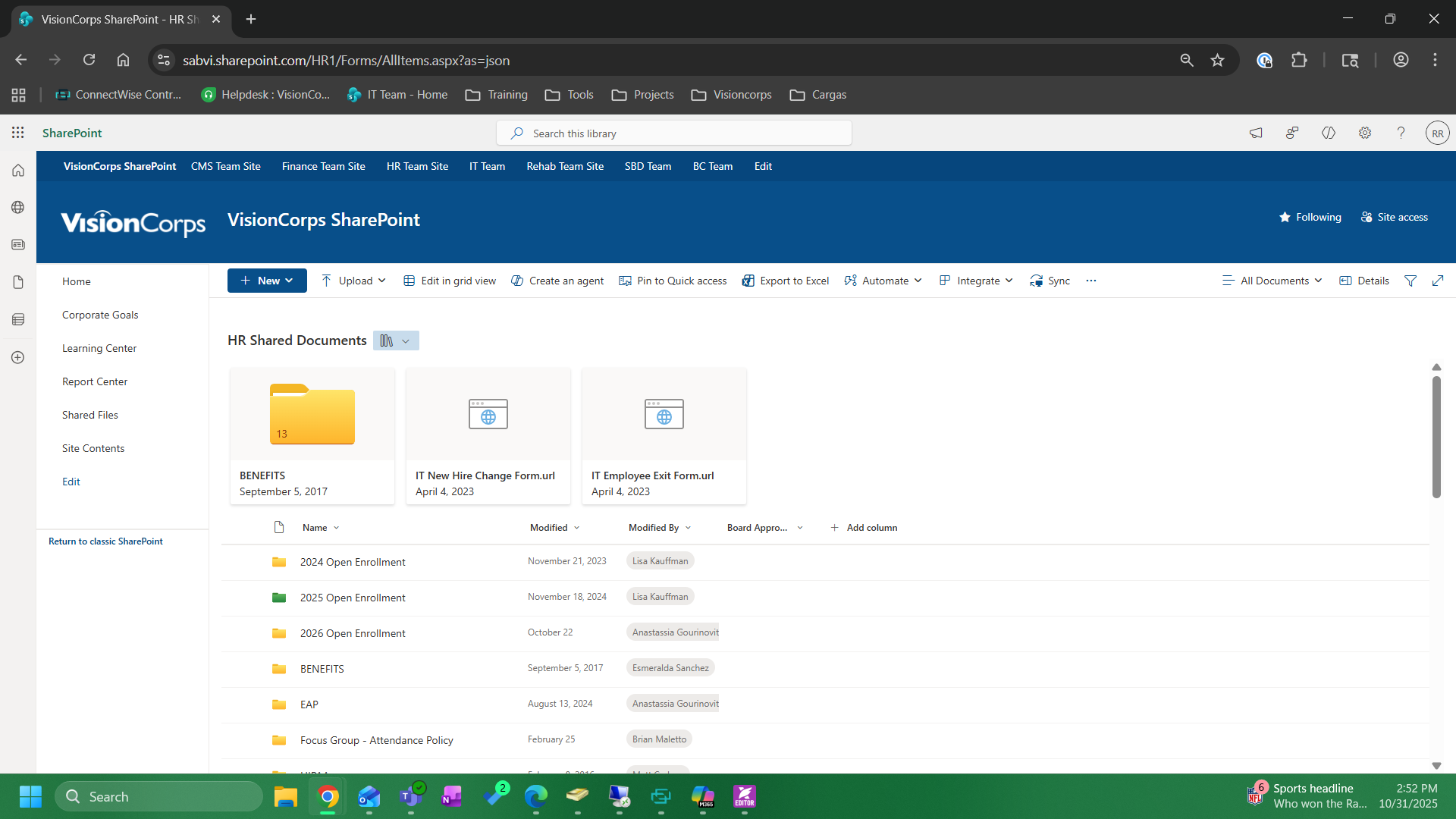 Screenshot of the HR Shared Documents on VisionCorps SharePoint.