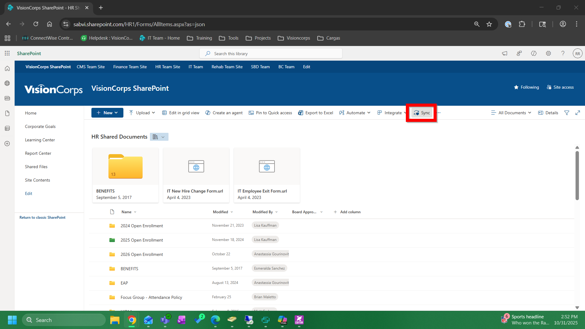Screenshot of the HR Shared Documents on VisionCorps SharePoint. The "Sync" button is outlined in red,