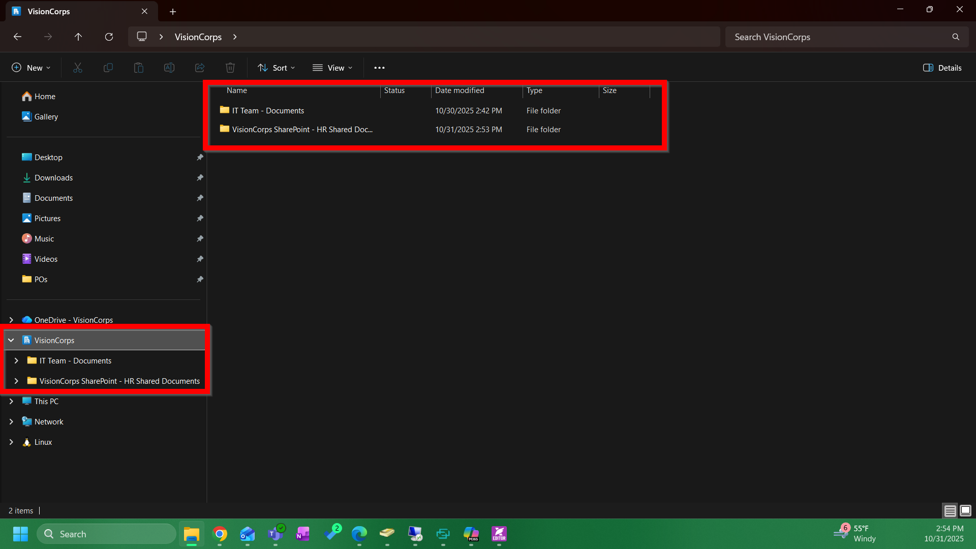 Screenshot of Windows File Explorer. The folders synced by this process have been outlined in red.