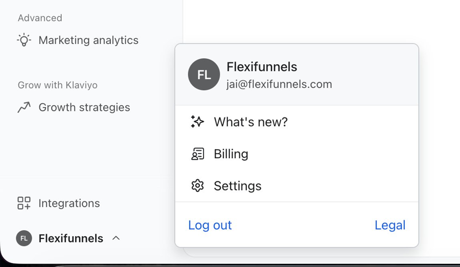 Klaviyo account menu with Settings option