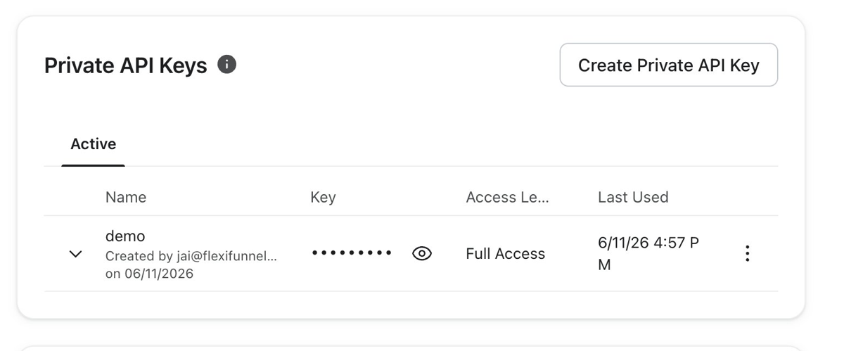 Klaviyo Private API Keys section with Create Private API Key button