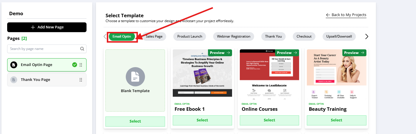 Landing page category