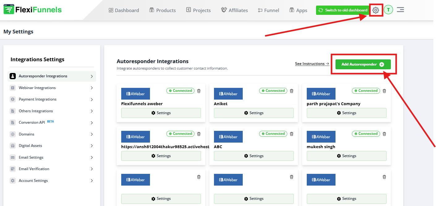 FlexiFunnels Settings - Autoresponder Integrations