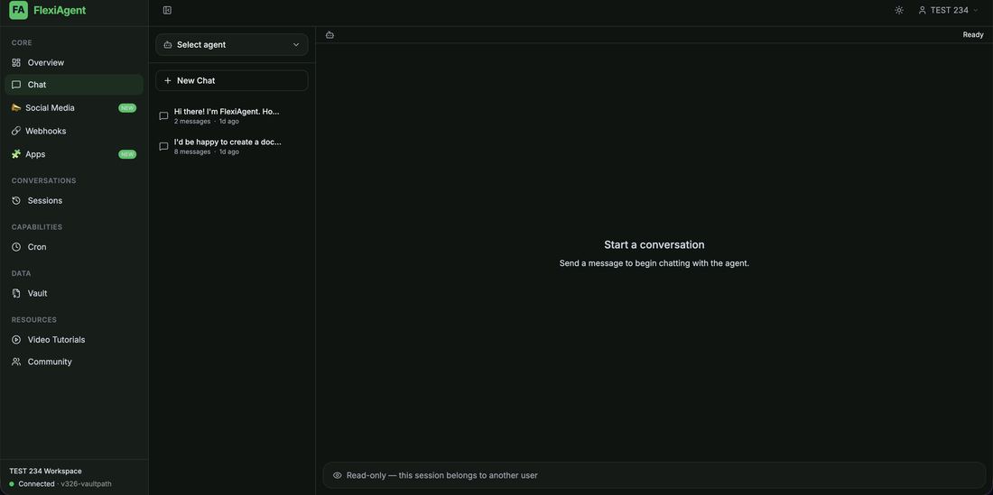 The FlexiAgent Chat area with the agent selector and the left sidebar showing all available features