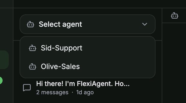 The Select agent dropdown open, showing two agents: Sid-Support and Olive-Sales