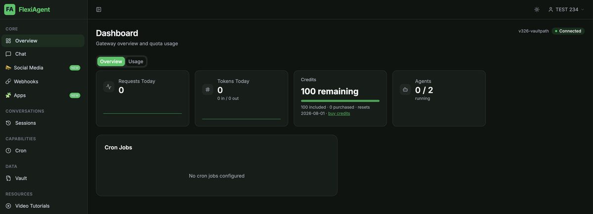 The FlexiAgent Overview tab showing Requests Today, Tokens Today, Credits remaining, and Agents running