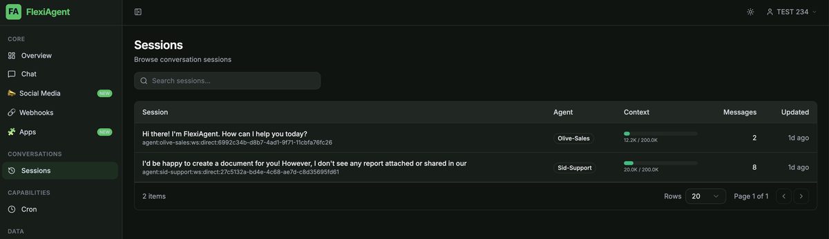 The Sessions tab showing a searchable table of past conversations with agent, context usage, messages, and last-updated columns