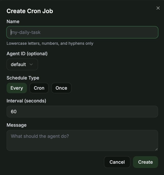 The Create Cron Job window with Name, Agent ID, Schedule Type, Interval in seconds, and Message fields
