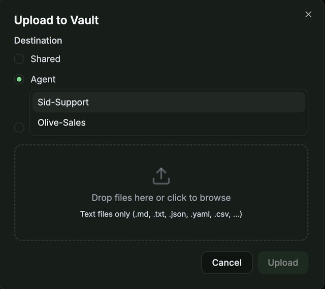 The Upload to Vault window with Shared or Agent destination options and the file drop area