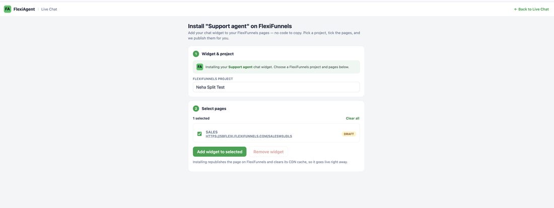 The Install on FlexiFunnels screen with project selection and page checkboxes