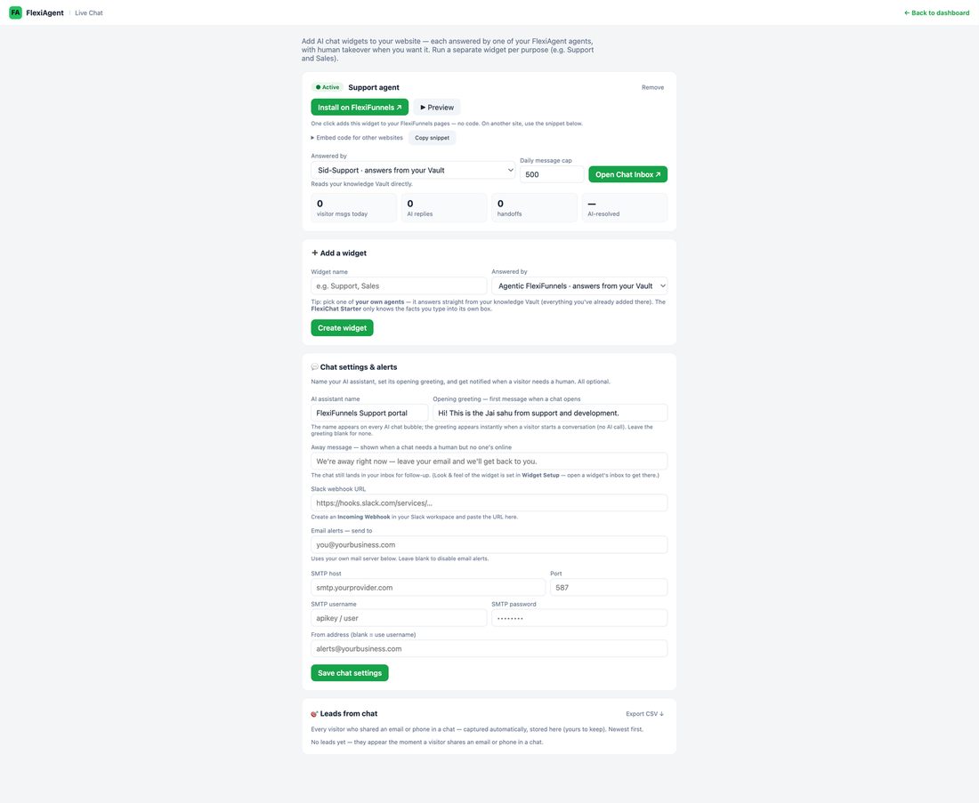 The Live Chat dashboard with the widget card, Add a widget section, and chat settings