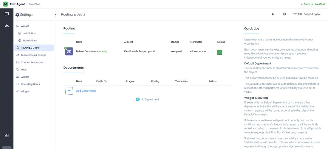 Routing and Departments settings with the default department and Add Department option