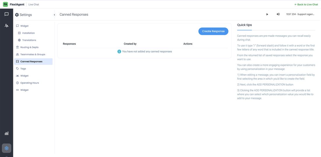 Canned Responses settings with the Create Response button and quick tips