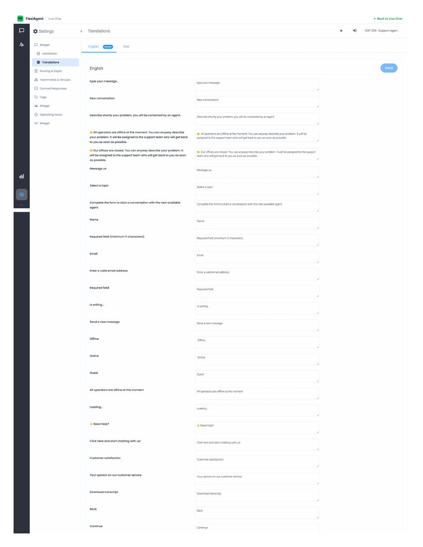Translations settings listing every widget phrase for customization