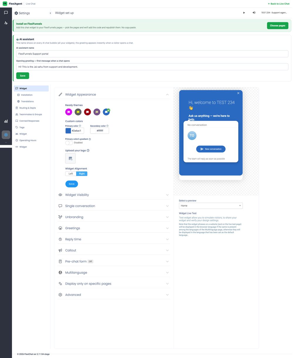 The Widget set up screen showing the AI assistant name, opening greeting, appearance options, and a live preview