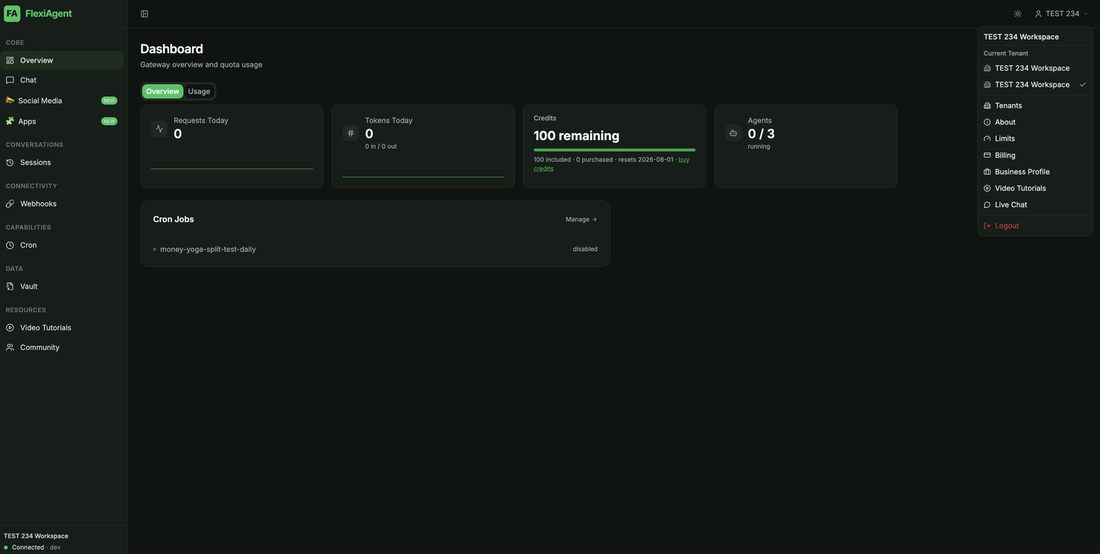 The FlexiAgent account menu with the Live Chat option
