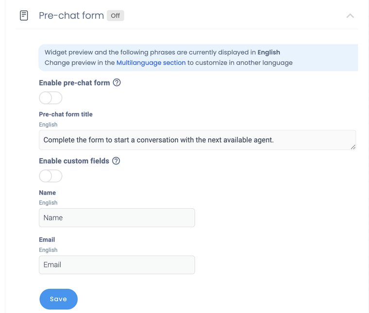 The Pre-chat form settings with the enable toggle, form title, and Name and Email fields