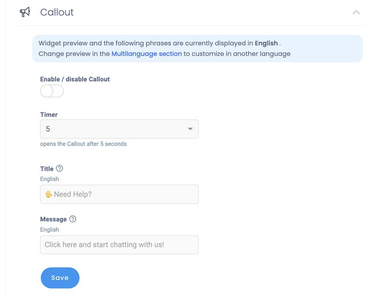 The Callout settings with enable toggle, timer, title, and message