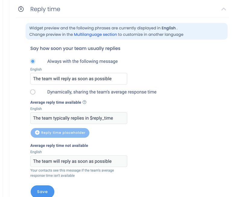 The Reply time settings with fixed message and dynamic average response time options