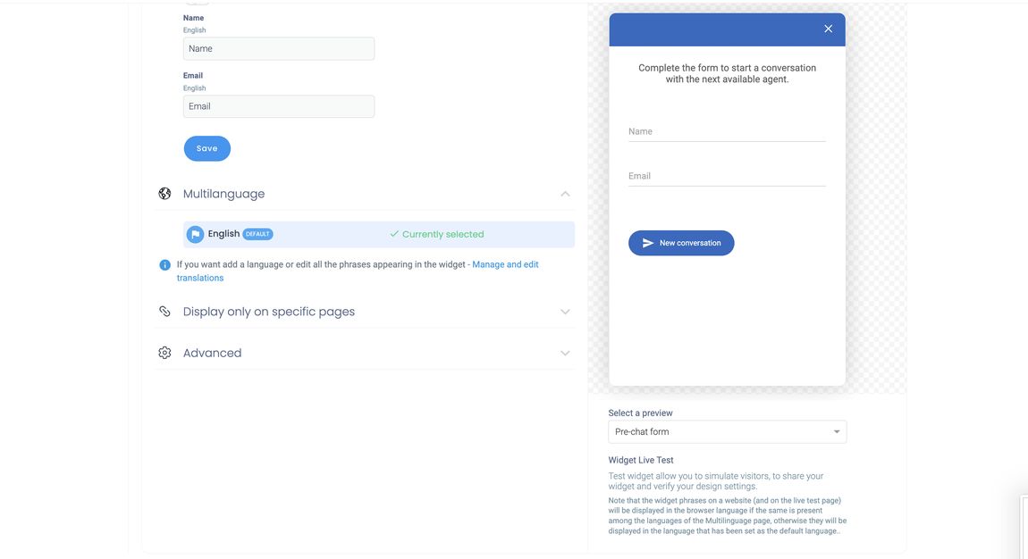 The Multilanguage section with English as default and the link to manage translations