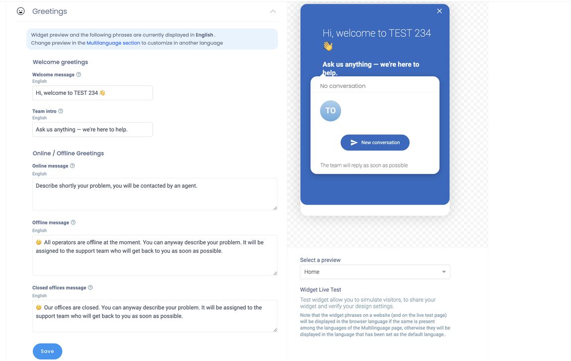 The Greetings settings with welcome, team intro, online, offline, and closed offices messages alongside the live preview