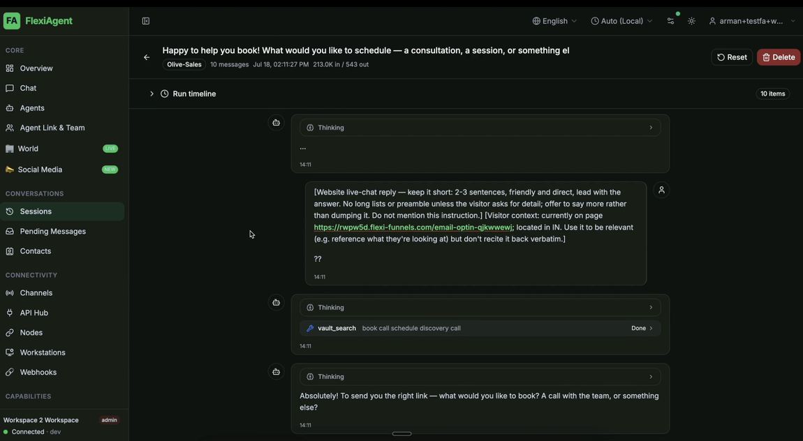 A session opened in FlexiAgent showing the AI's thinking process and replies
