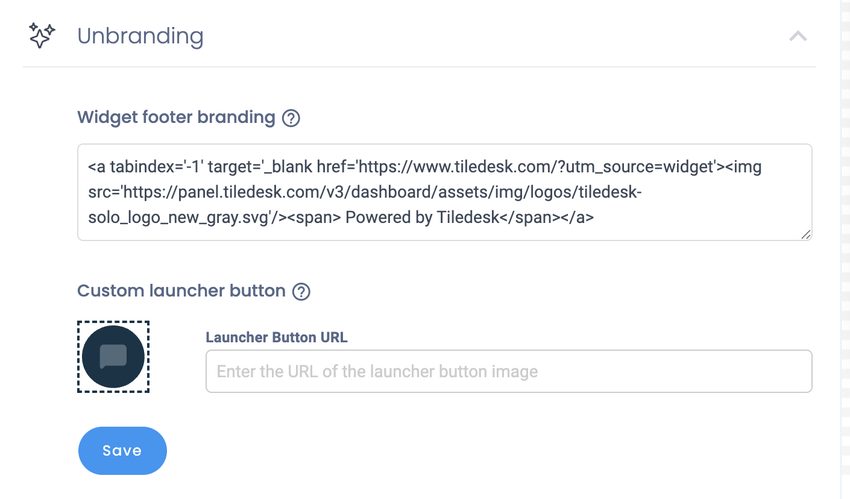 The Unbranding section with widget footer branding and custom launcher button options