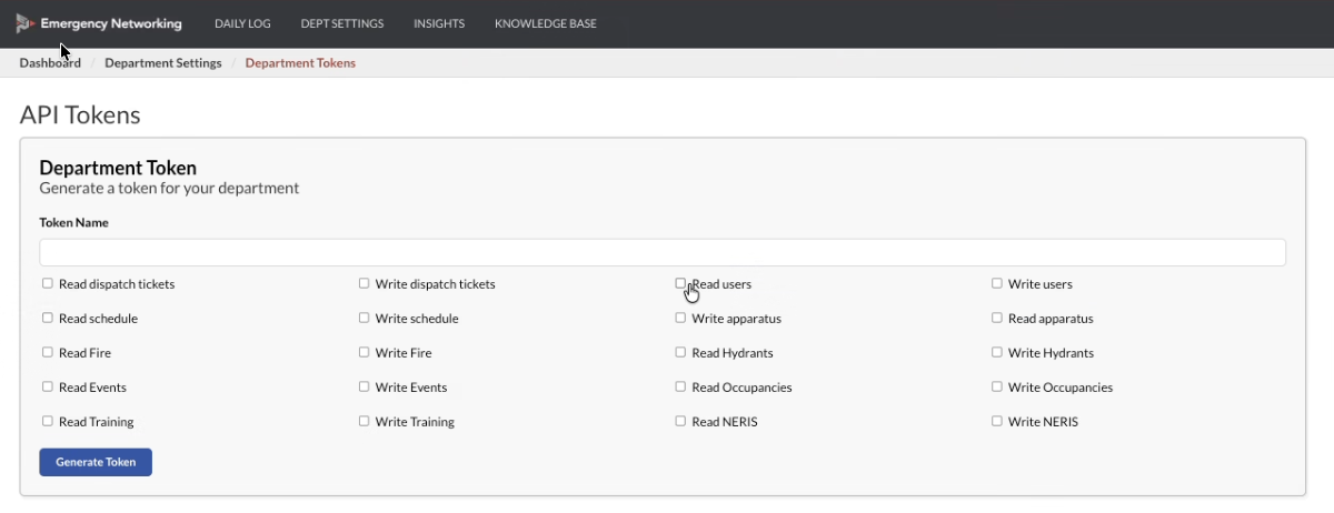 The API Tokens screen in the Emergency Networking portal, showing the token name field and the read and write permission checkboxes