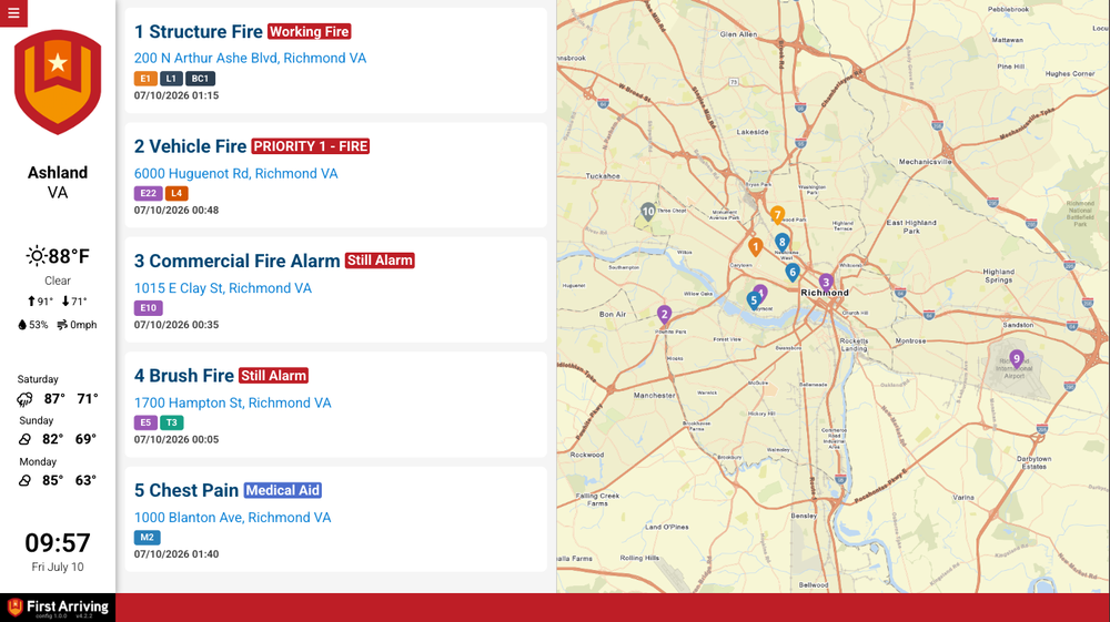 Recent Alarms as single-column cards with the map beside the list