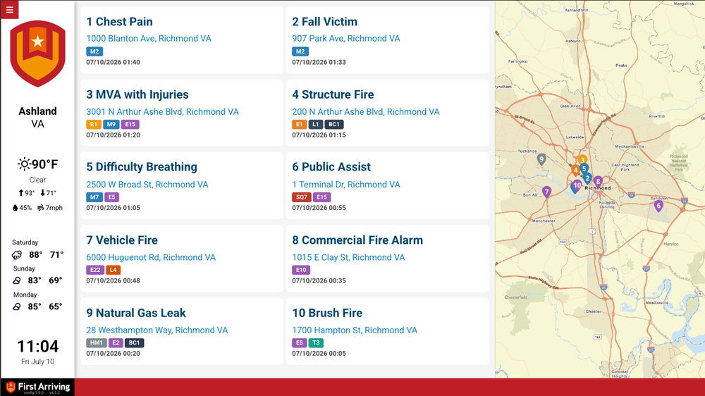 Recent Alarms as two columns of cards with the map beside the list