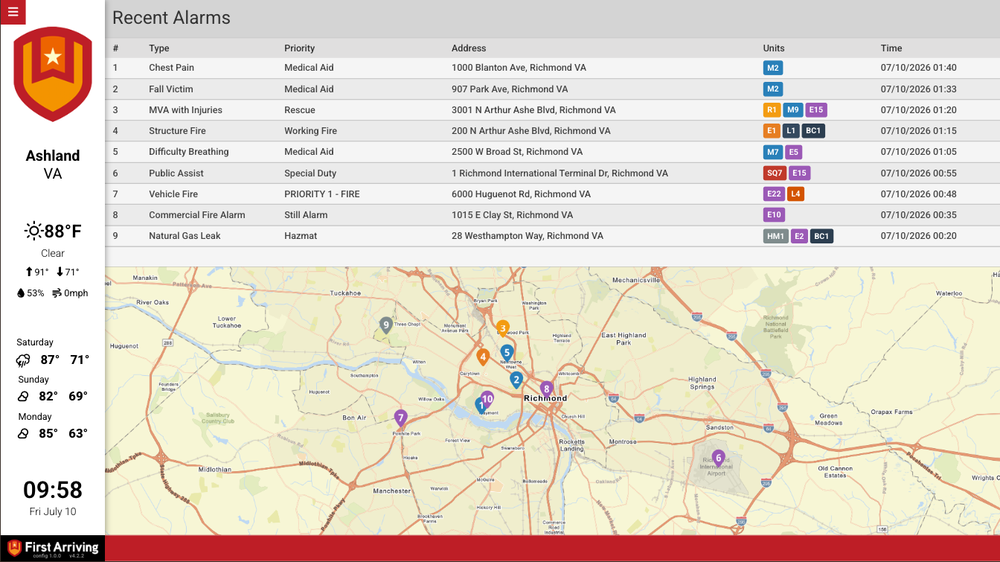 Recent Alarms as a full-width table with the map below it