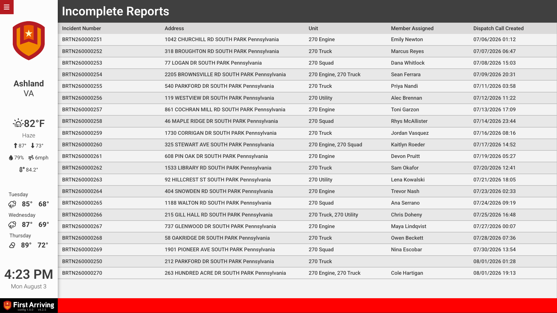 Incident Reports table on a First Arriving dashboard