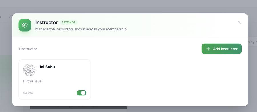 Instructor management modal listing instructors with a toggle and an Add Instructor button