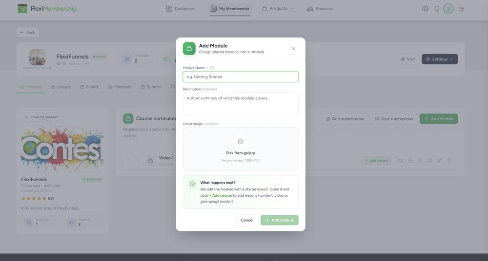 Add Module modal with Module Name, Description, and Cover image fields