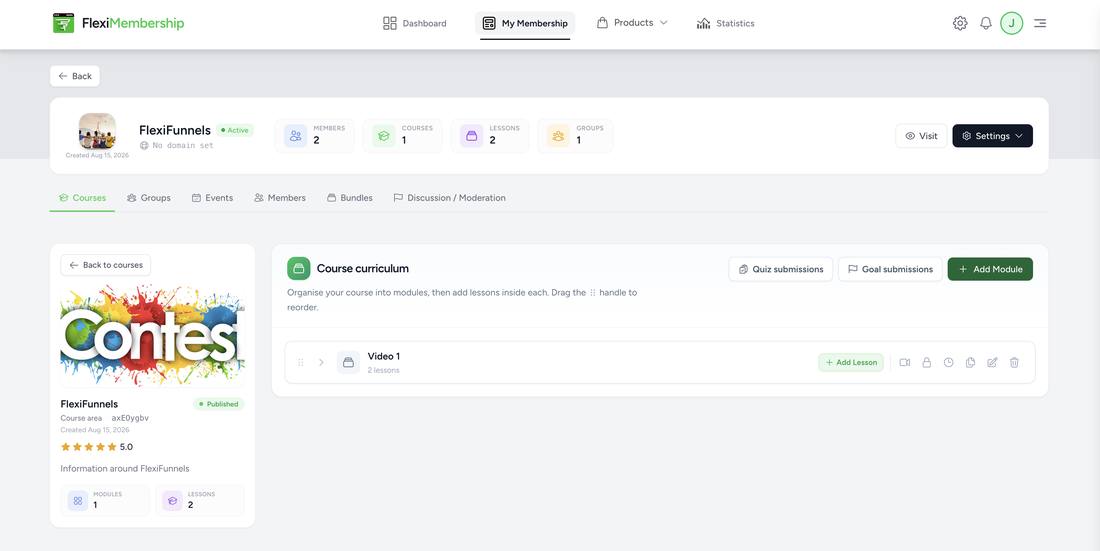 Course curriculum view with a module row, Add Lesson button, and Add Module button