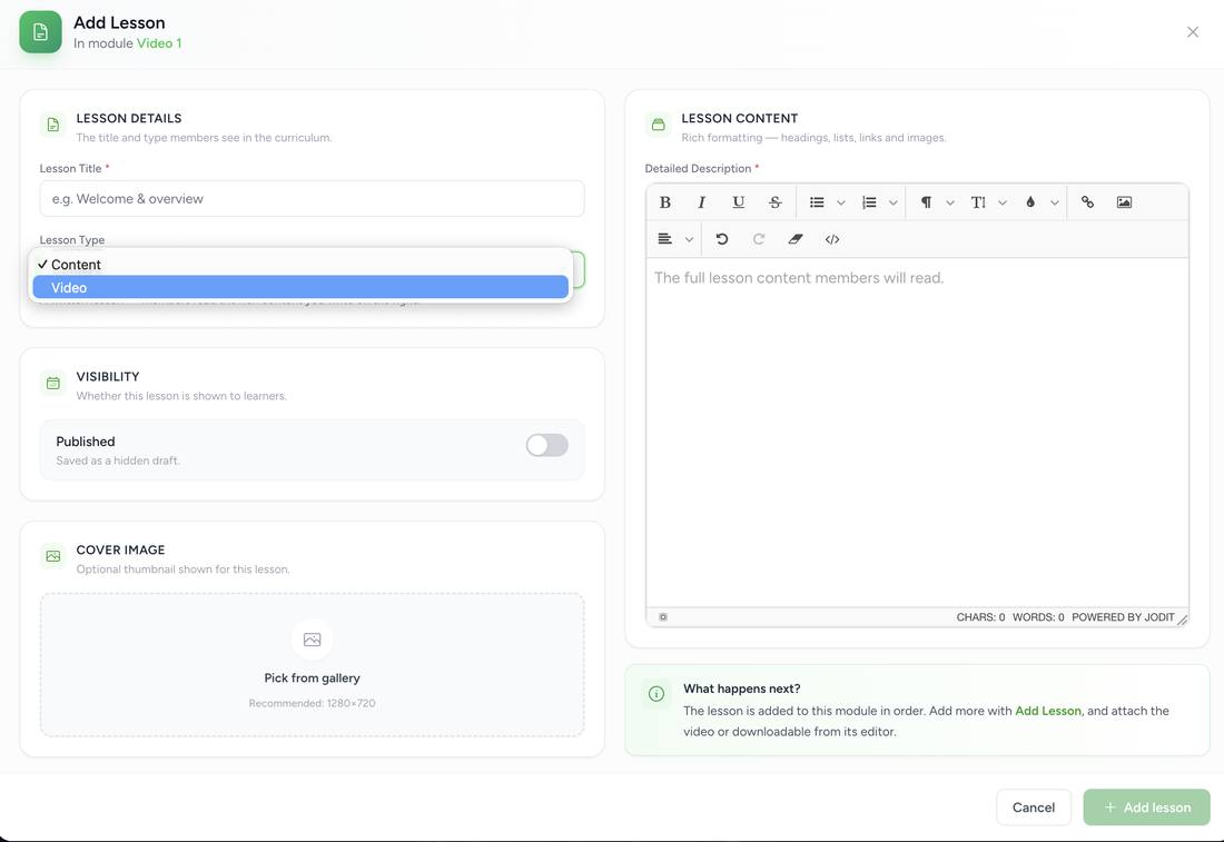 Add Lesson modal with the Lesson Type dropdown open showing Content and Video options