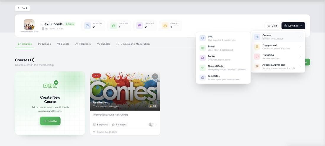 General submenu flyout showing URL, Brand, Footer, General Code, and Templates
